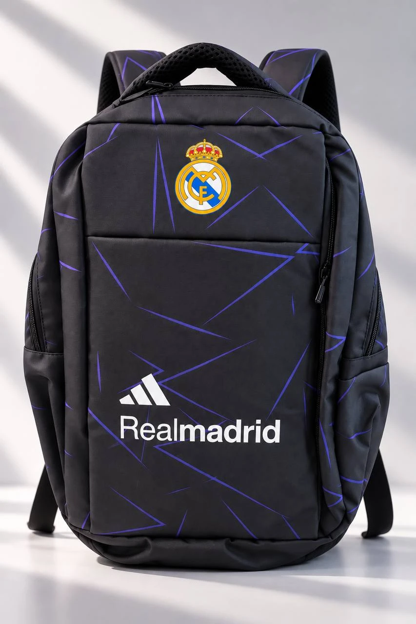 شنطة ضهر ريال مدريد اسود في ازرق لوجو وكلمة